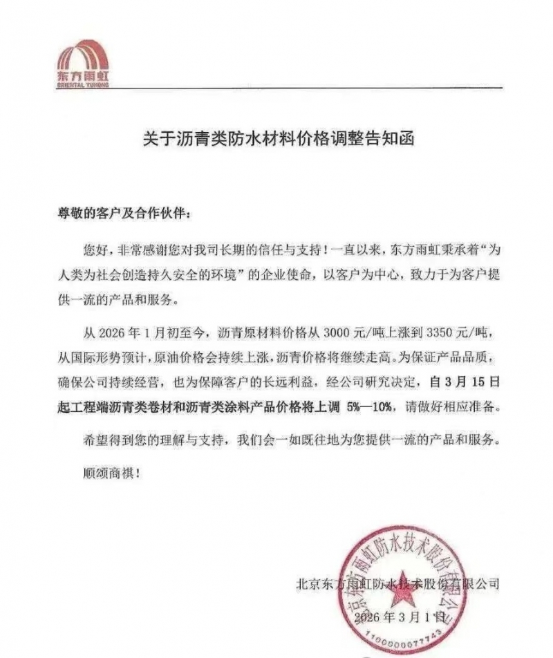 关于防水产品价格调整告知函